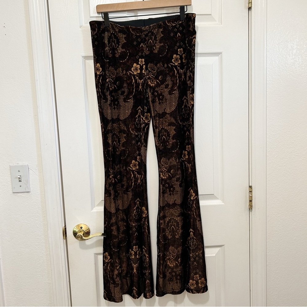 Free People Pants Womens Brown Metallic Floral Print Flared Bottom Leggings